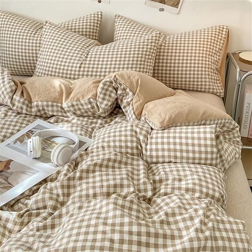 Michorinee Housse de Couette Carreaux Vichy 140x200 Beige Marron - Parure de Lit Adulte 1 Personne en Microfibre - Linge de Lit à Carreaux Réversible avec Taie d'oreiller 65x65 cm - Image 1