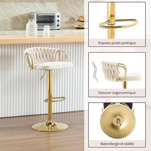 WOLTU Lot de 2 Tabouret de Bar avec Dossier Tissé et Repose-Pieds, Tabouret Pivotant à 360°, Hauteur Réglable, Base Évasée en Métal, Crème, BH426cm-2 thumbnail 4