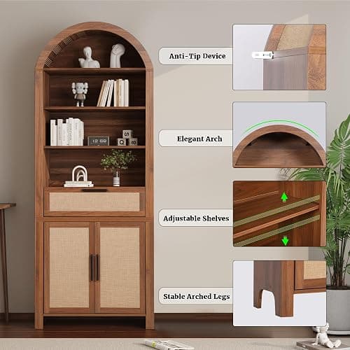 Janmer Home 79" Tall Arched Bookcase with Storage, Mid Century Modern 6-Tier Cabinet with Door and Drawer, Arched Bookshelf with Open Display Shelf for Office Living Room(Walnut, 79inch-Doors) thumbnail 7
