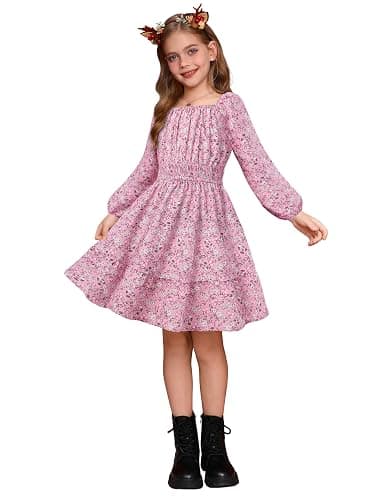GRACE KARIN Girls Fall Dress Floral Long Sleeve Midi with Smocked Waist for Holiday Party 6-14Y thumbnail 4