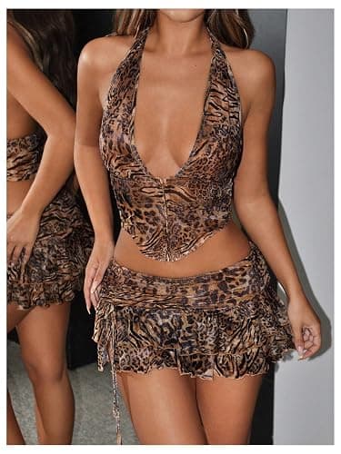 SOLY HUX Women's Y2k Skirt Sets 2 Piece Outfits Leopard Halter Crop Tops and Ruffle Layered Mini Skirt Set thumbnail 4