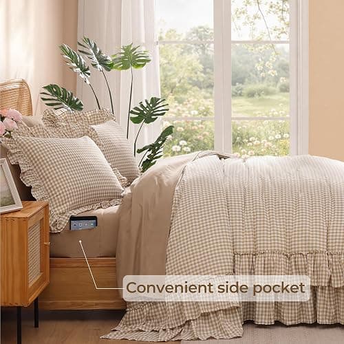 AMBERSPACE King Size Comforter Set Gingham Ruffle Tan 7 Pieces Bed in a Bag | Farmhouse Shabby Chic Fluffy Bedding Sets with Sheets, Pillowcases & Shams thumbnail 4