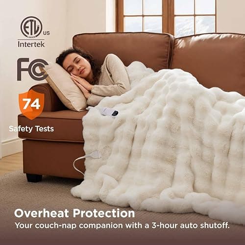 Bedsure Fluffy Bubble Faux Fur Heated Blanket Throw - Super Soft Electric Blanket, Heating with 6 Heating Levels, 4 Time Settings, 3-Hour Auto-Off, Decor Gifts for Home, White, 50x60 inches thumbnail 6
