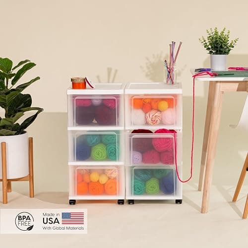 *BOUGHT, Heather* IRIS USA Plastic 3-Drawer Storage Organizer Rolling Cart, with Wheels Casters, 2-Pack, for Classroom Art Supplies Bathroom Dorm Bedroom Laundry Room, Slim Narrow, White/Clear thumbnail 2