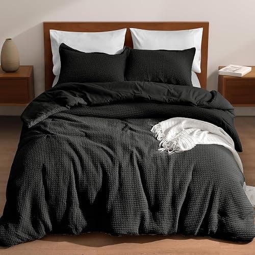 PHF Ultra Soft Waffle Weave Comforter Set King Size, 3 Pieces Lightweight Breathable Comfy Bedding Set, Comfy Textured 1 Comforter with 2 Pillow Shams, Black thumbnail 7