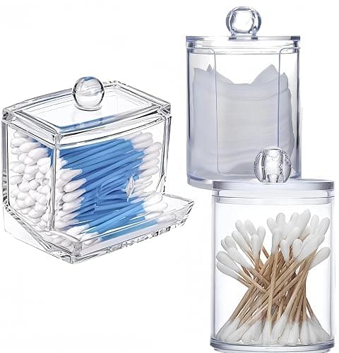 MIEGUIWOR 3 Wattestäbchen Behälter und Wattepadspender aus Hochwertigem PET – Klar, Staubdicht und Langlebig – Ideal für Kosmetik, Q-Tips und Make-up – für Bad, Schminktisch und Büro (transparent,D) - Image 1
