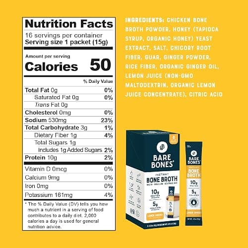 Bare Bones Bone Broth Instant Powdered Mix, Lemon Ginger, Pack of 8, 15g Sticks, 10g Protein, Keto & Paleo Friendly Bone Broth Packets thumbnail 2