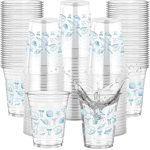 Rngmsi Blue Bow Plastic Cups - 50 Pcs Starfish Seashell Beach Clear Disposable Cups, 12 OZ Summer Ocean Party Decor for Blue Bachelorette Birthday, Mermaid Party Favor Supplies - Image 1