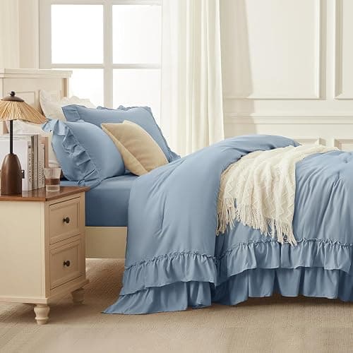 Andency Grayish Blue Comforter Set King Size, 3 Pieces Fluffy Shabby Chic Ruffle Comforter Set for Men, Women, Adults, Soft Lightweight All Season Polyester Bed Sets(104x90Inch) thumbnail 5