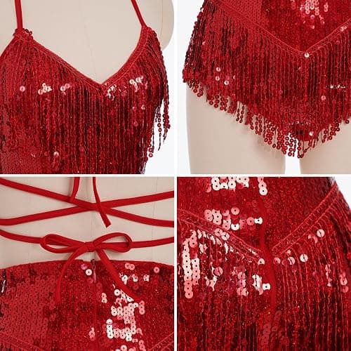 IDOPIP Women Sequin Fringe Bodysuit Sparkly Tassel Leotard Romper Women's Latin Dance Dress Sexy Festival Rave Party Outfits thumbnail 7