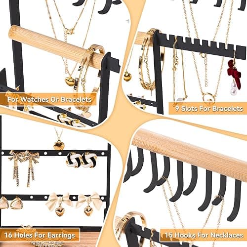 DreamGenius Jewelry Organizer Stand with Velvet Ring Holder, 4 Tier Jewelry Holder Organizer with 15 Hooks for Necklaces and 16 Holes for Earrings, Black thumbnail 7