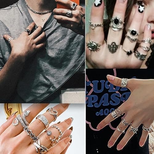 17IF 26-35 Pcs Vintage Silver Knuckle Rings Set for Women Men, Grunge Gothic Rings Chunky Aesthetic Snake Stackable Adjustable Punk Bulky Finger Alt Fairy Skull Frog Heart Star Flower Midi Ring Pack thumbnail 5