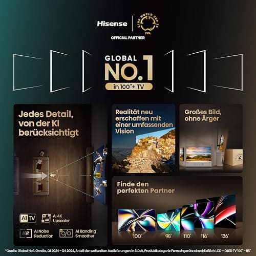 Hisense 100E7NQ 254 cm (100 Zoll) Fernseher, 4K UHD, QLED, HDR10, HDR10+ decoding, HLG, Dolby Vision Atmos, 144Hz VRR, Smooth Motion, Bluetooth, Alexa Built-in, VIDAA Voice, Schwarz [2025] thumbnail 8
