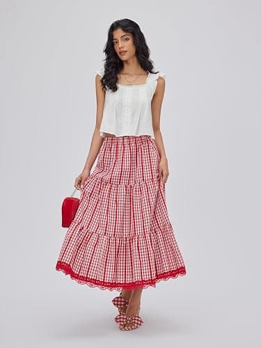 CIDER Women's Gingham Long Skirts Plaid Maxi Skirt Flowy A Line Summer Skirts Casual Trendy thumbnail 2
