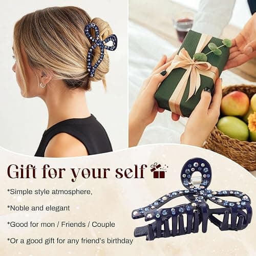 AWAYTR Rhinestone Hair Bow Claw Clip for Women, 4.3", Butterfly Style, Non Slip, for Long Thick Hair (Navy) thumbnail 7