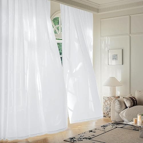 FMFUNCTEX Sheer Non-See-Through White Curtains for Bedroom, Faux Silk that Let Light Curtains 84 inches Long Light Filtering Privacy Sheer Window Drapes for Living Room, Rod Pocket 2 Panels Set thumbnail 8