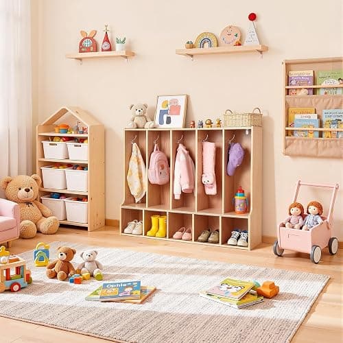 VEVOR 5-Section Coat Locker with Bench, Kids Lockers with 10 Hooks & Non-Slip Mat, Classroom Cubbies for Daycare, Home, Kindergarten- Natural thumbnail 8