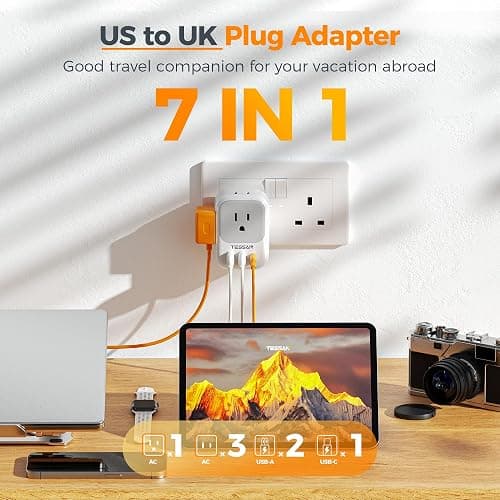 TESSAN UK Adapters for Travel, US to UK Ireland Plug Adapter 20W, Foldable | Power Adaptor, 4 Outlets 3 USB(PD 20W 1 USB C), Type G for USA to Scotland London England Hongkong Dubai Irish thumbnail 4