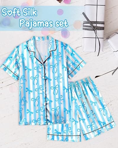 Sylfairy Girls Pajamas Silk PJS Set Bow Satin Sleepwear Short Sleeve Jammies for Kids Button-Down Nightwear size 7-8 10-12 thumbnail 5