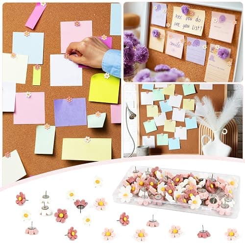 50 Cute Flower Push Pins for Corkboard & Bulletin Board - Decorative Floret Thumb Tacks for Office, Photo & Poster Wall thumbnail 6
