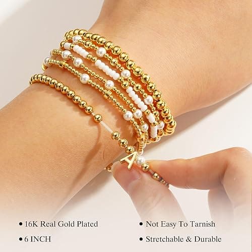Turandoss 6PCS Beaded Initial Bracelets for Women Girls Jewelry Gifts - 18K-Gold-Plated Beaded Initial Letter Bracelet for Girls Women Initial A-Z Stretch Bead Stackable Bracelet Jewelry Set Gifts thumbnail 5