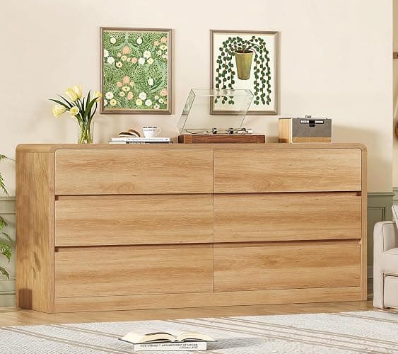 TEENFON 55" Dresser for Bedroom with 6 Drawers, Dressers & Chests of Drawers with Curved Profile Design, 6 Drawer Dresser, Bedroom Dressers, Wood Dressers for Bedroom, Hallway, Natural thumbnail 5