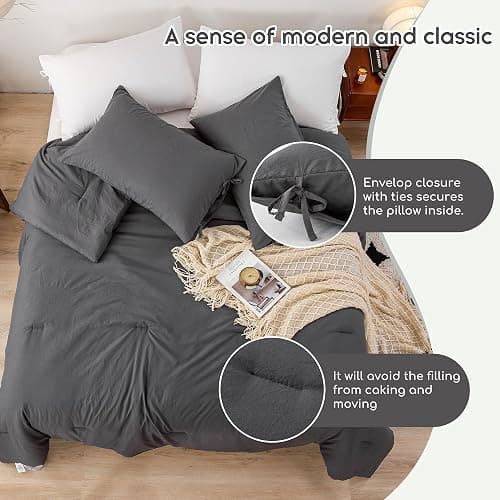BOHOPOPM Ultra-Soft Cozy Polycotton Bedding Comforter Queen Set - Comfy Fluffy Down Alternative Comforter Queen Size with 2 Pillow Case - Lightweight but Warm Bed Blanket All Season - Dark Gray thumbnail 6