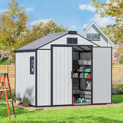 MELLCOM 8 x 6 FT Outdoor Plastic Garden Storage Shed with Floor, Resin Tool Storage Shed with Windows and Lockable Door for Patio, Pool Supply, Bike, Lawnmower - Image 1