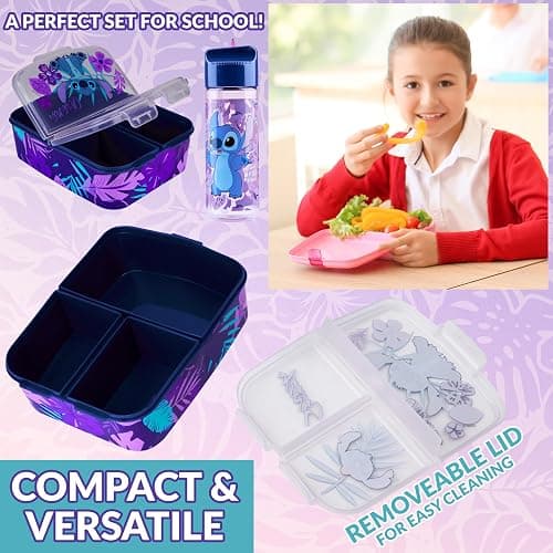 Disney Stitch Kids Lunch Box with Compartments and Water Bottle for School (Blue/Purple) thumbnail 6