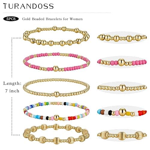 Turandoss 5PCS Gold Beaded Bracelets for Women Teen Girls, 14K Gold Plated | Stacked Beads Bracelet Set, Turquoise Cross Pearl Charm, Waterproof, 7 Inch Stretch Elastic, Bracelet for Women Teenage Girls thumbnail 5