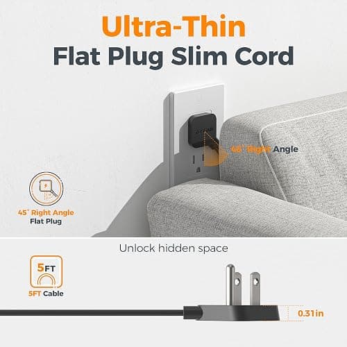 TESSAN Black Extension Cord 5 Ft, Flat Surge Protector Power Strip with 4 Wide Spaced AC Outlets 3 USB Ports (1 USB C), Ultra Thin Flat Plug with 900J Surge Protection, Office Dorm Room Essentials thumbnail 6