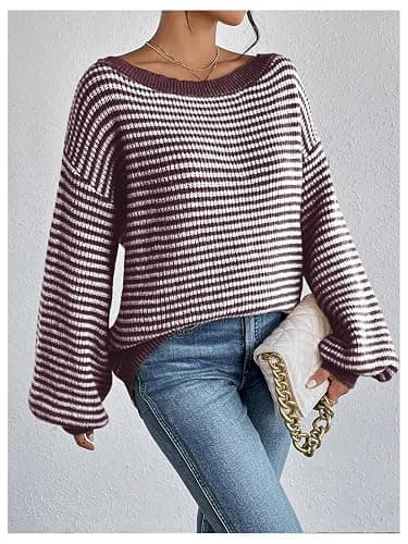 SOLY HUX Women's Off The Shoulder Striped Sweaters Oversized Long Sleeve Knit Pullover Tops thumbnail 6