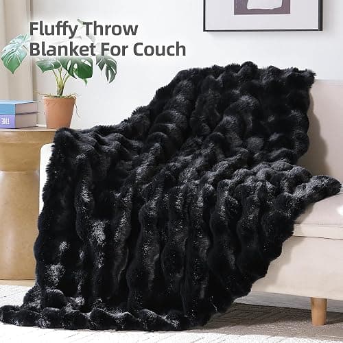 Smoofy Faux Fur Throw Blanket for Couch – Black Fluffy Cozy Rabbit Fleece, Plush Soft Bubble Blanket for Sofa & Bed, for Mom, Warm Fuzzy Home Room Decor Throw 50" x 60" thumbnail 3