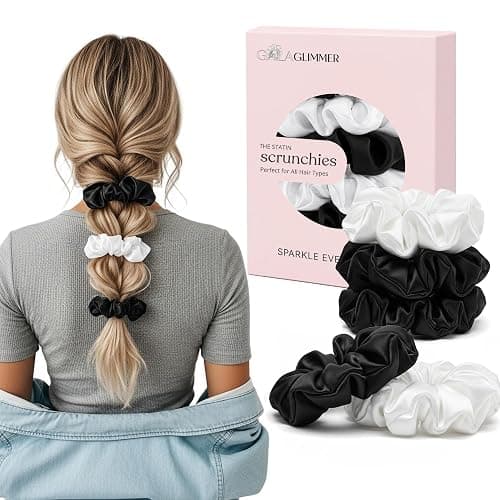Scrunchies for Women, No Damage Hair Ties for Girls Day to Night Satin Scrunchies for All Hair TypesTextures Crease-Free – 5 Pack (3 Black + 2 White) - Image 1