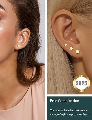 ZNBOH 3 Pairs 14k Gold Stud Earrings for Women Hypoallergenic 925 Sterling Silver Post Dainty Silver Cartilage Tragus Earrings Stacks Set Trendy Small Diamond Heart Multiple Piercing Jewelry for Men thumbnail 2