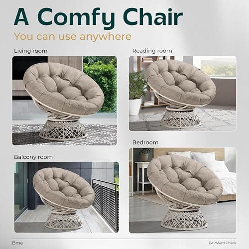 Bme 40" Ergonomic Wicker Papasan Chair with Soft Thick Density Fabric Cushion, High Capacity Steel Frame, 360 Degree Swivel for Living, Bedroom, Reading Room, Lounge - Silver Clound - White Base - Upgrade Cushion - Classic 40" thumbnail 6