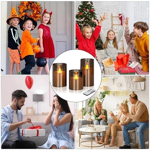 wemarry Flameless Candles 4" 5" 6" Set of 3 Acrylic Glass Pillars 3" Diameter Battery Operated Flickering Candles Include 10-Key Remote with Timer Function 400+ Hours (Gray, Warm Light 3 Pack) thumbnail 3