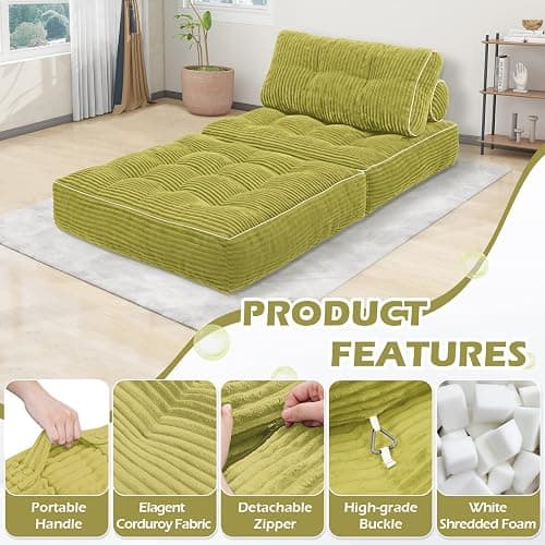SIMFLAG Folding Sofa Bed, Convertible Sleeper Chair with Pillow & Handle, Foldable Mattress Futon Chair Bed Lounge with Back Support, Comfy Floor Sofa for Living Room Bedroom, DarkGreen, Single thumbnail 6