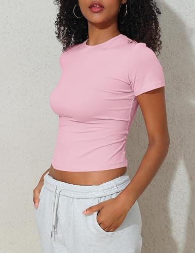PrettyGuide Women's Crew Neck Short Sleeve Summer Basic Tee Tight Fit Cotton Jersey T Shirt Y2K Going Out Tops thumbnail 6
