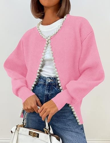 ZESICA Women's Open Front Cardigan Sweater 2026 Fall Casual Knitted Long Sleeve Pearls Trim Outerwear Coat Trendy Clothes thumbnail 8