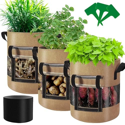 Florelf Visible Strawberry Sweet Potato Grow Bags 7 Gallon with Flap Window 3-Pack, Heavy Duty Thickened Aeration Nonwoven Fabric Pots with Handles, Come with 3-Pcs Plant Labels&Lens Hoods - Image 1