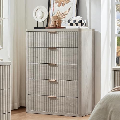 LEYAOYAO Fluted 5 Drawers Dresser for Bedroom, 41" Tall Modern Chest of Drawers with Metal Handle, Curved Profile Farmhouse Closet Organizer Wood Dressers TV Stand for Living Room, Hallway, Lightgrey thumbnail 2