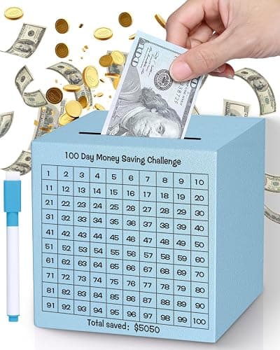 Money Saving Box, Unbreakable Piggy Bank for Adults Save $5,050 Metal Savings Box, 100 Day Money Saving Challenge Stainless Steel Box Must Break to Open 4.72 Inch (Blue) - Image 1