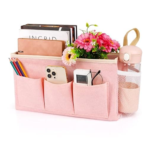 Lilithye Bedside Organizer with Fixed Straps and Water Bottle Holder for Home, College, Dorm, Bunk, Hospital, Crib, Bed Rails - Pink - Image 1