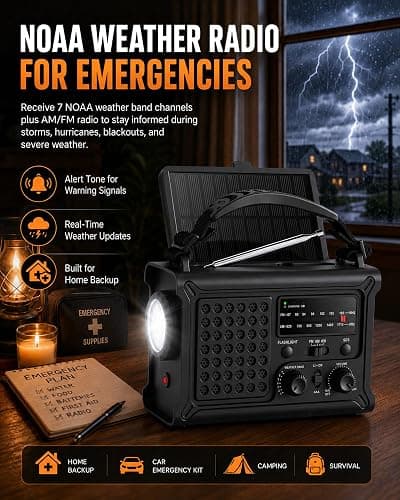 Emergency Radio, 12000mAh Solar Hand Crank NOAA Weather Radio, Black | Hand Crank Radio, 8500mm² Solar Panel, AM/FM/WB, 5W Flashlight, Reading Light, SOS for Outages, Camping & Survival thumbnail 2