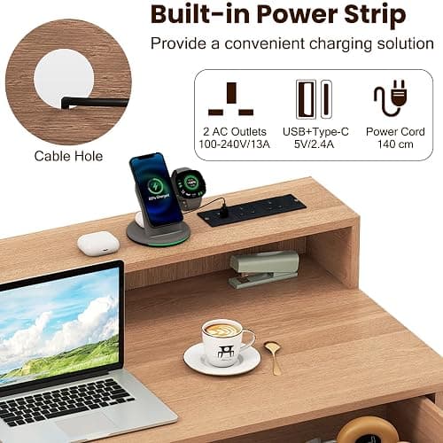 SFAREST Computer Desk, Industrial Laptop Writing Desk with Monitor Stand, Drawers & Storage Shelves, Wooden PC Study Work Table for Bedroom Study Office(Natural,106 x 48 x 90cm) thumbnail 4