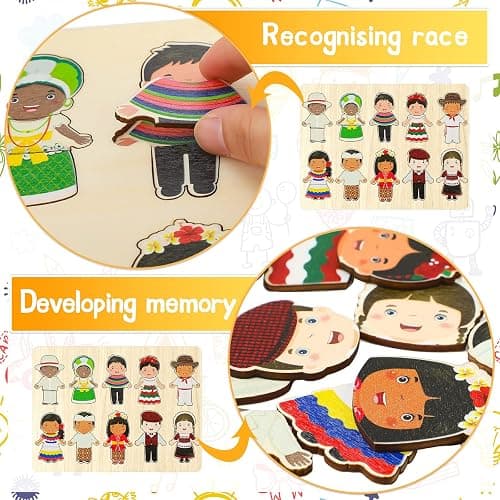 Kathfly Wooden Multicultural Doll Puzzles for Kids Interchangeable Dress Up Diversity Wood Peg Puzzles for Preschool World thumbnail 5