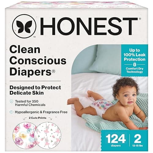 The Honest Company Clean Conscious Diapers for Delicate Skin | Up to 100% Leakproof | Hypoallergenic, Fragrance Free | Girl Prints | Super Club Box, Size 2 (12-18 lbs), 124 Count (Prints May Vary) - Size 2 (124 Count) - Rose Blossom + Tutu Cute - Image 1