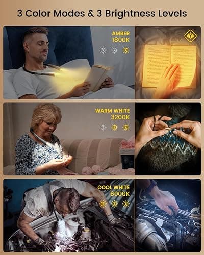 Glocusent Upgraded LED Neck Reading Light, Book Light for Reading in Bed, 30-min Timer, 3 Colors & 3 Brightness Adjustable, Rechargeable & Long Lasting, Perfect for Reading, Knitting thumbnail 3
