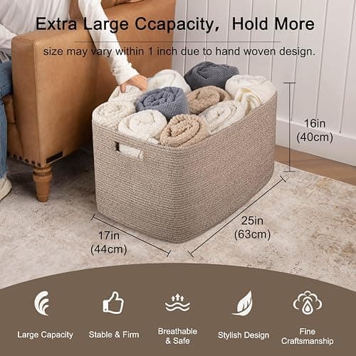 OIAHOMY 118L XXXLarge Cotton Rope Storage Basket, Oversized Blanket Basket, Used for Organizing Dirty Clothes in Living Room, Bedroom, Nursery, Dog Toy Storage Bins, 25" x 17" x 16",Brown variegated thumbnail 3
